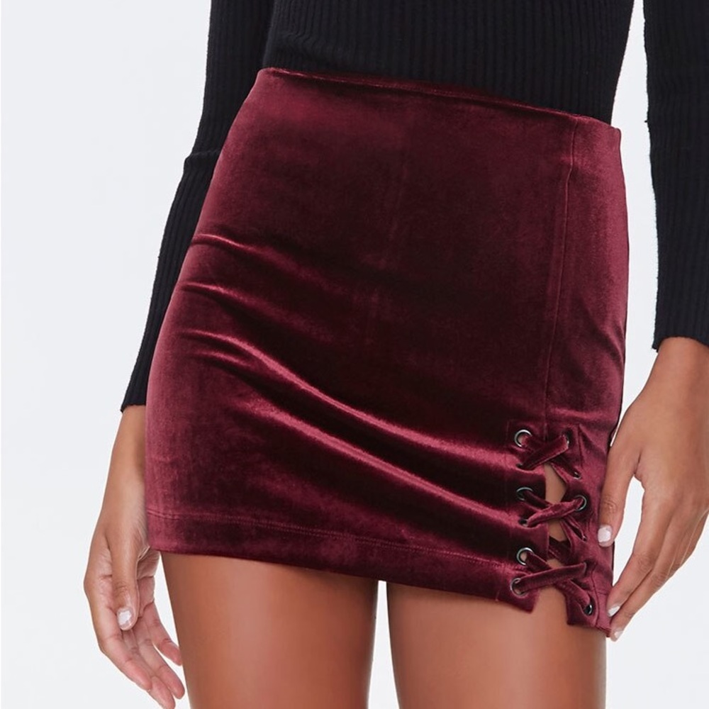Burgundy Velvet Lace-up Mini Skirt
